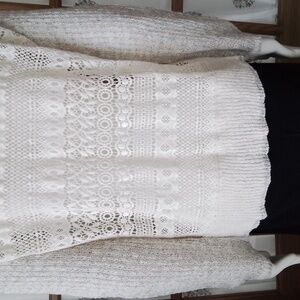 Free People sweater in cream/tan/blue flecks, w/crochet detail, size S.
